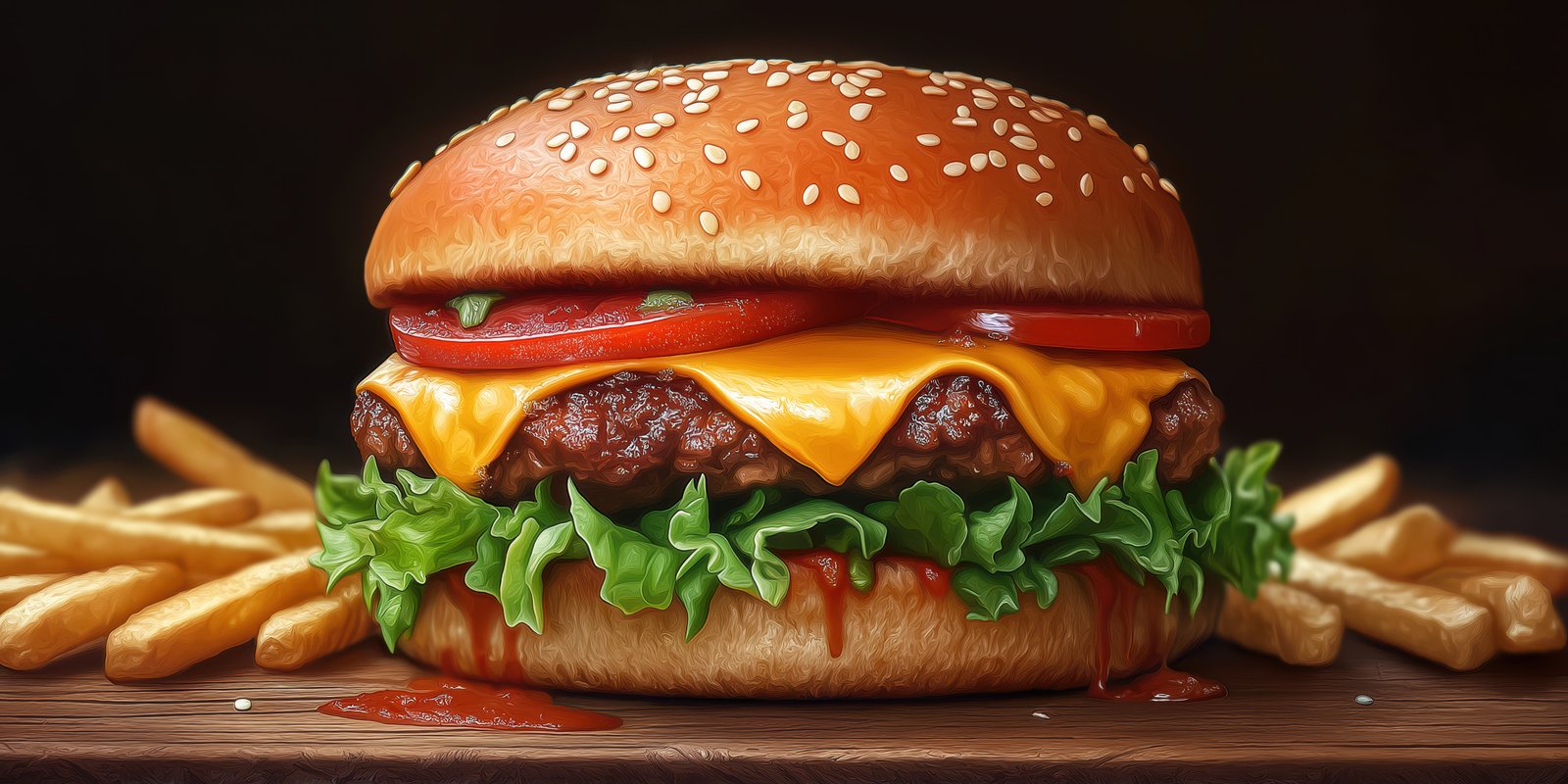 Juicy cheeseburger with fresh vegetables and crispy fries served on a wooden table